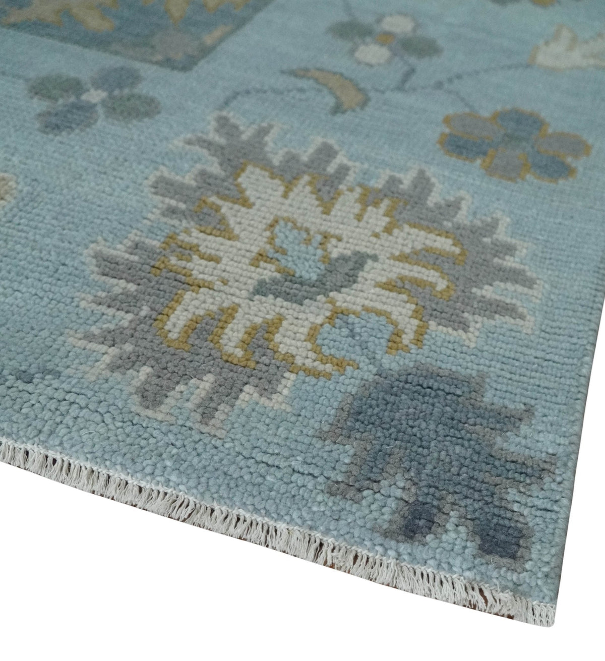 Custom Made Blue and Aqua Hand Knotted Traditional Oushak Wool Area Rug.