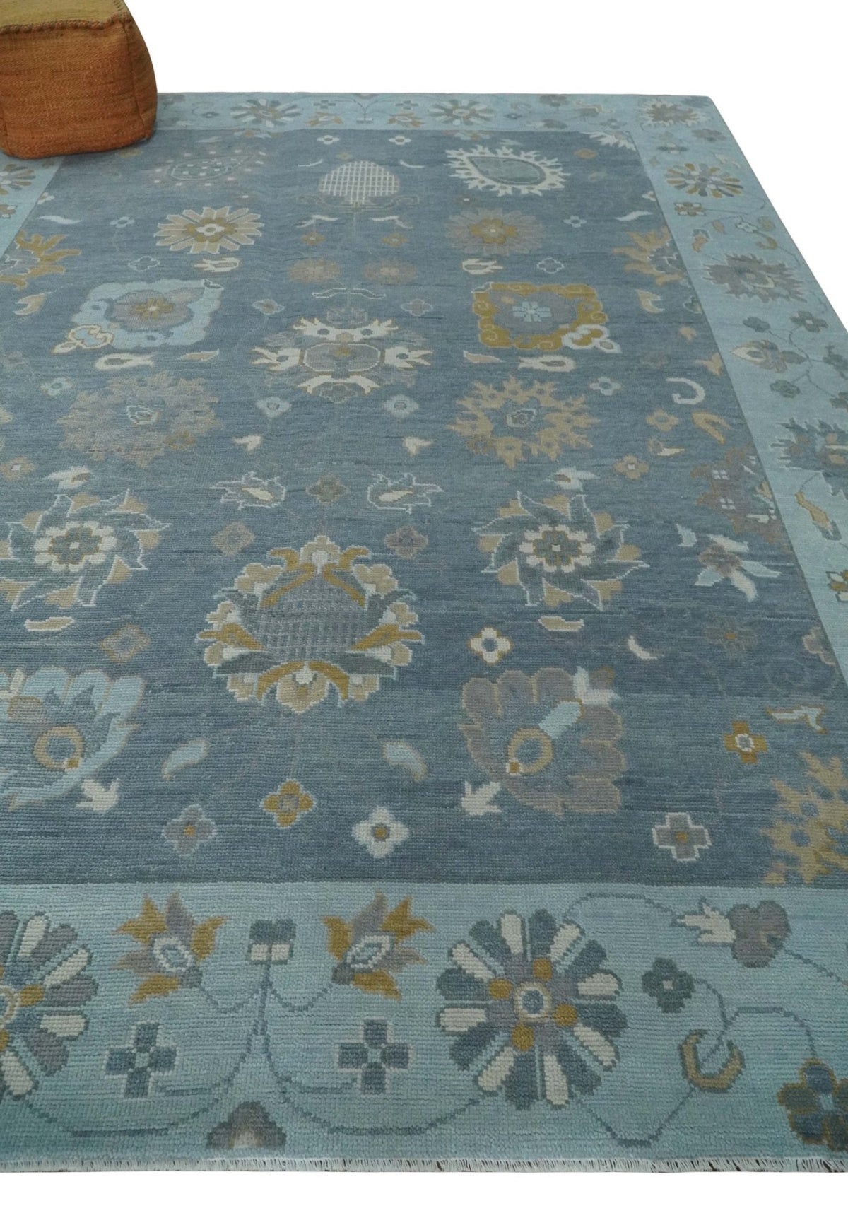 Custom Made Blue and Aqua Hand Knotted Traditional Oushak Wool Area Rug.
