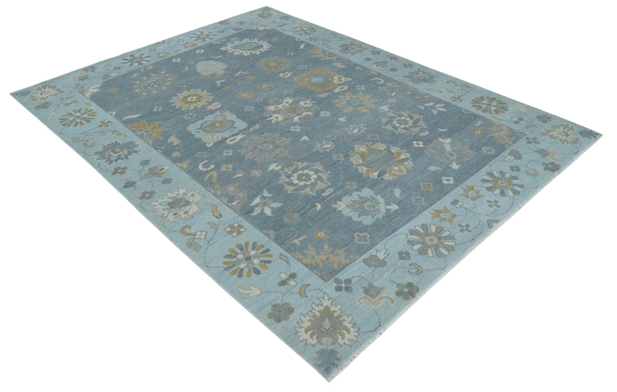 Custom Made Blue and Aqua Hand Knotted Traditional Oushak Wool Area Rug.