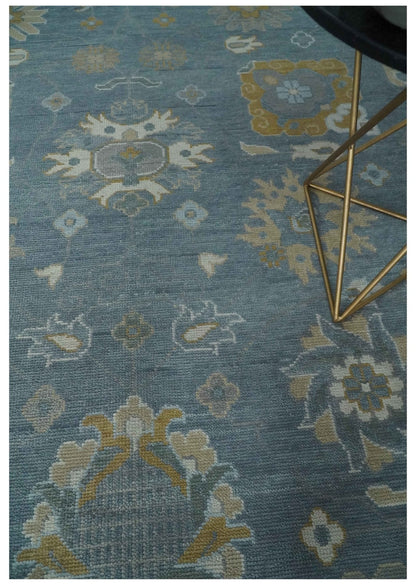 Custom Made Blue and Aqua Hand Knotted Traditional Oushak Wool Area Rug.