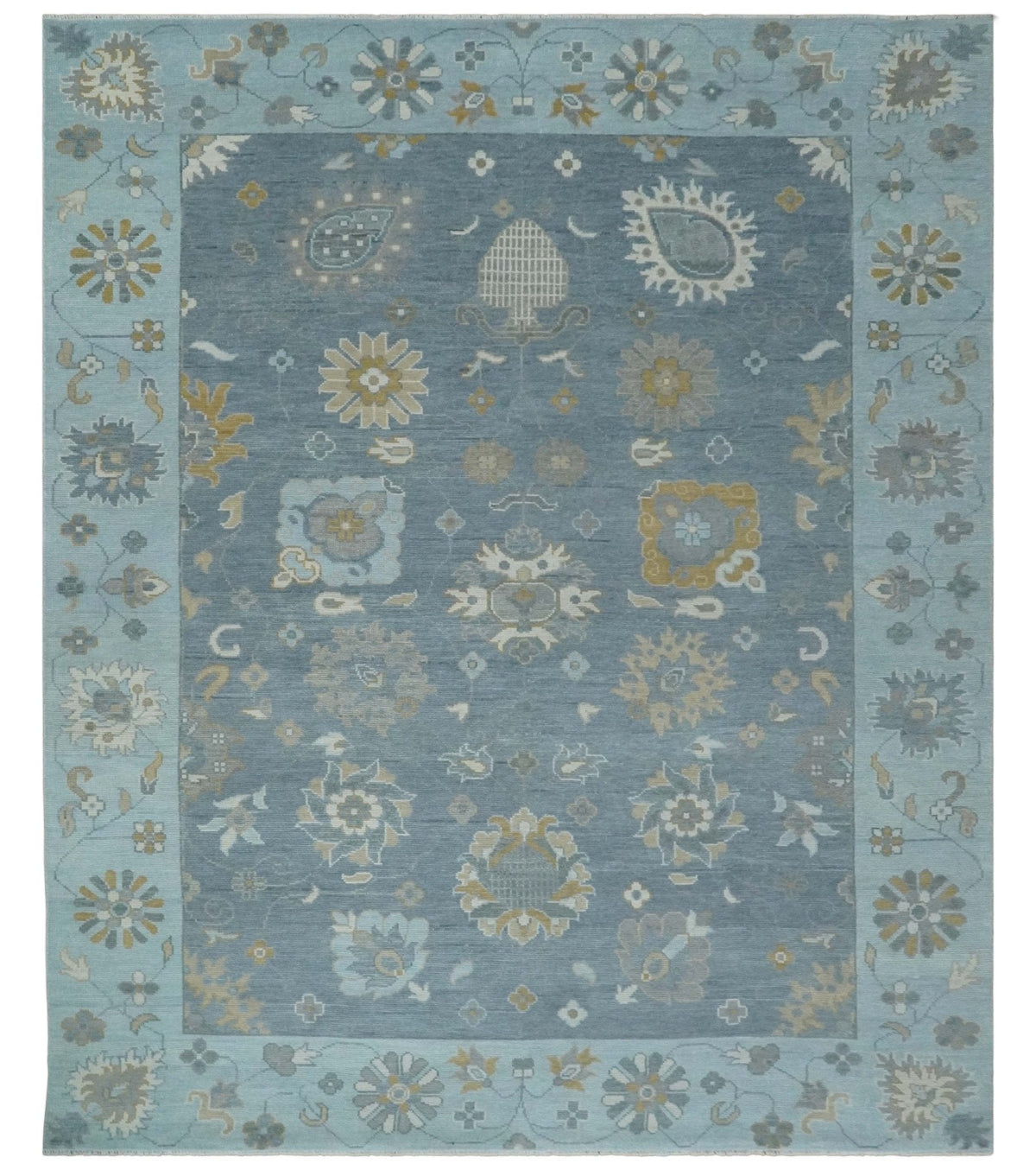 Custom Made Blue and Aqua Hand Knotted Traditional Oushak Wool Area Rug.