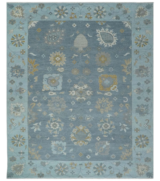Custom Made Blue and Aqua Hand Knotted Traditional Oushak Wool Area Rug.