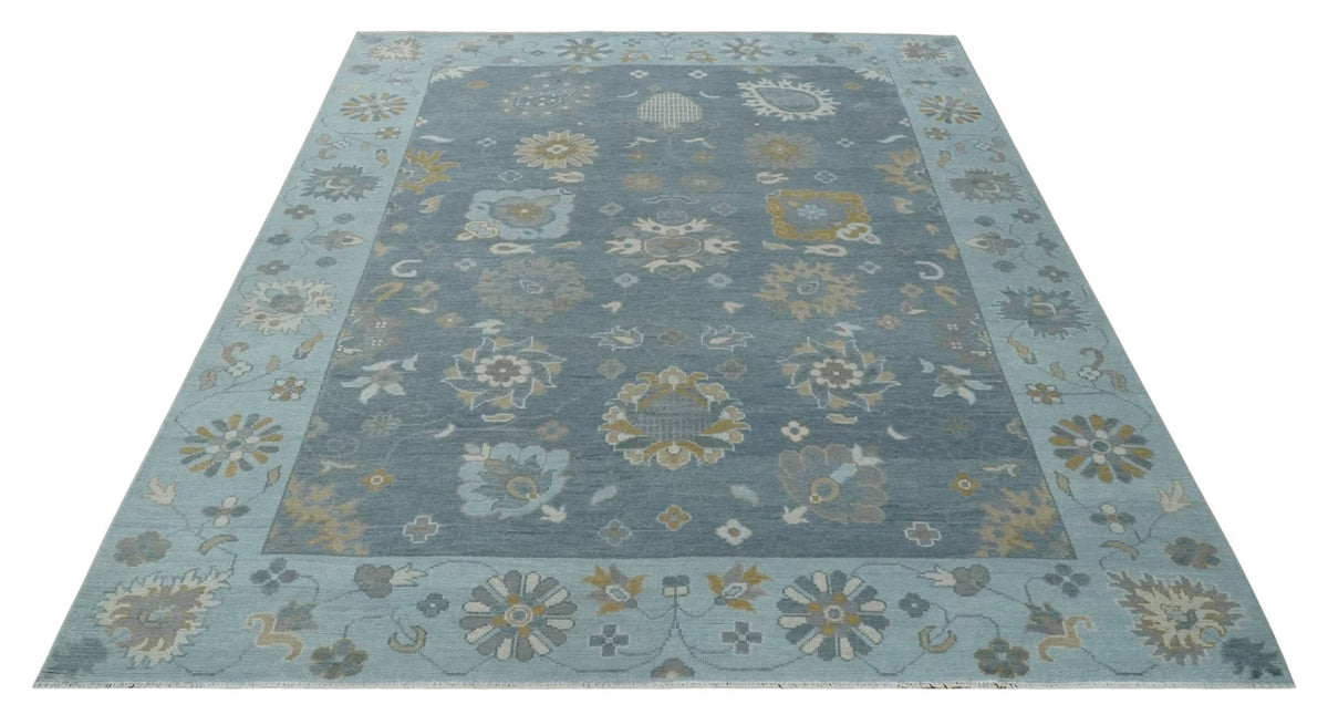 Custom Made Blue and Aqua Hand Knotted Traditional Oushak Wool Area Rug.