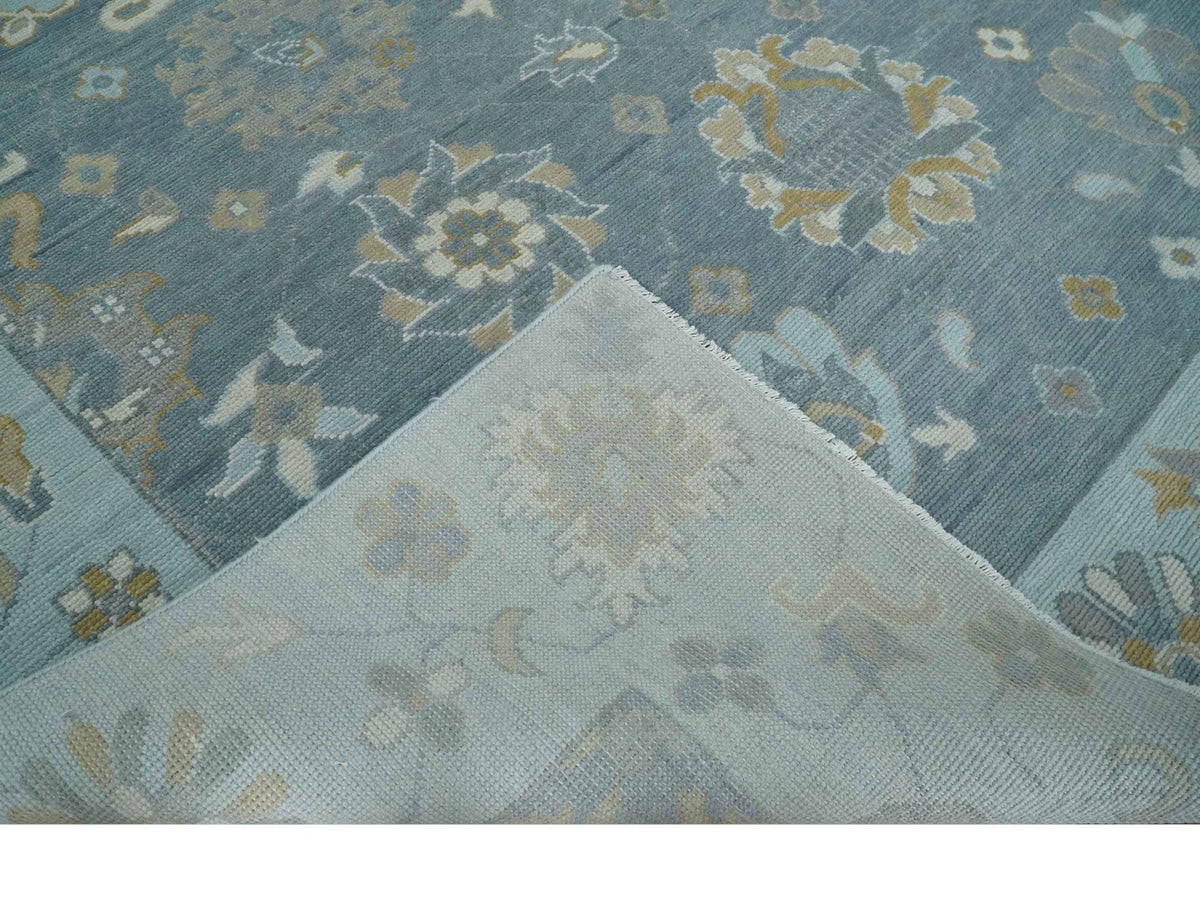 Custom Made Blue and Aqua Hand Knotted Traditional Oushak Wool Area Rug.
