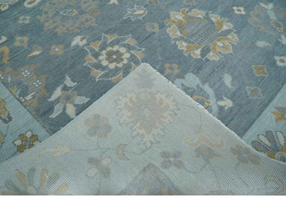 Custom Made Blue and Aqua Hand Knotted Traditional Oushak Wool Area Rug.