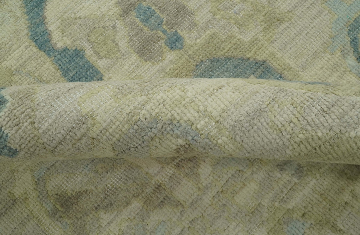 Custom Made Blue And Beige Modern Ikat Design Hand Knotted Wool Area Rug.