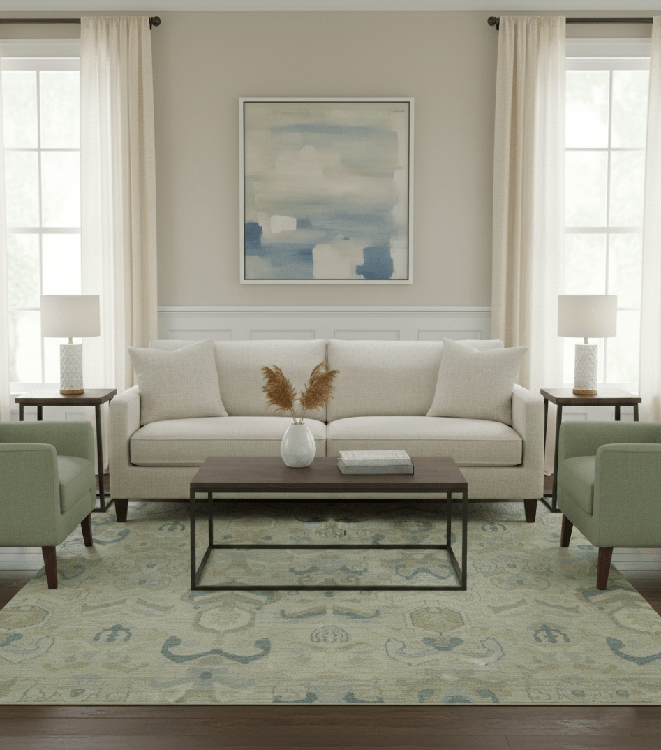 Custom Made Blue And Beige Modern Ikat Design Hand Knotted Wool Area Rug.