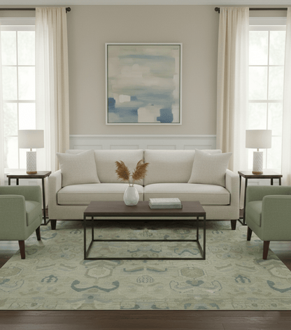 Custom Made Blue And Beige Modern Ikat Design Hand Knotted Wool Area Rug.