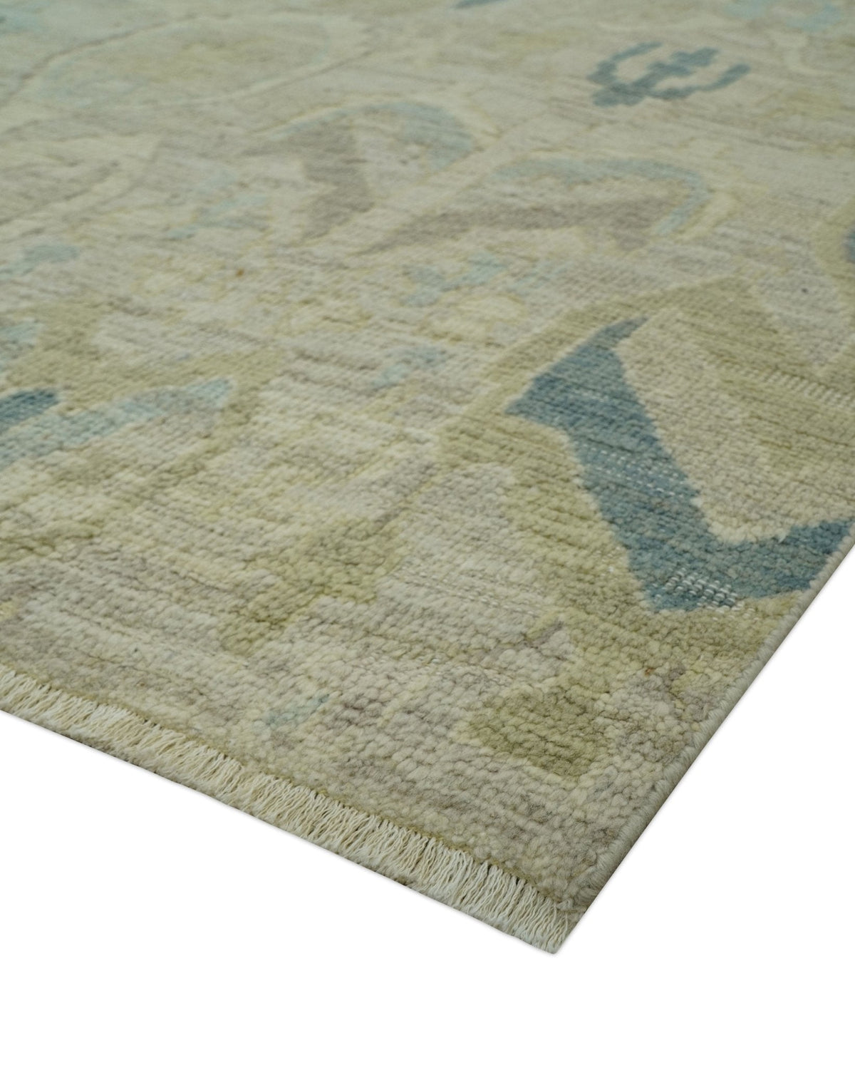 Custom Made Blue And Beige Modern Ikat Design Hand Knotted Wool Area Rug.
