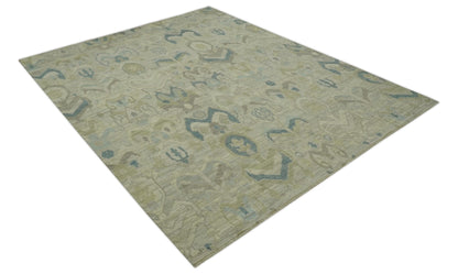 Custom Made Blue And Beige Modern Ikat Design Hand Knotted Wool Area Rug.