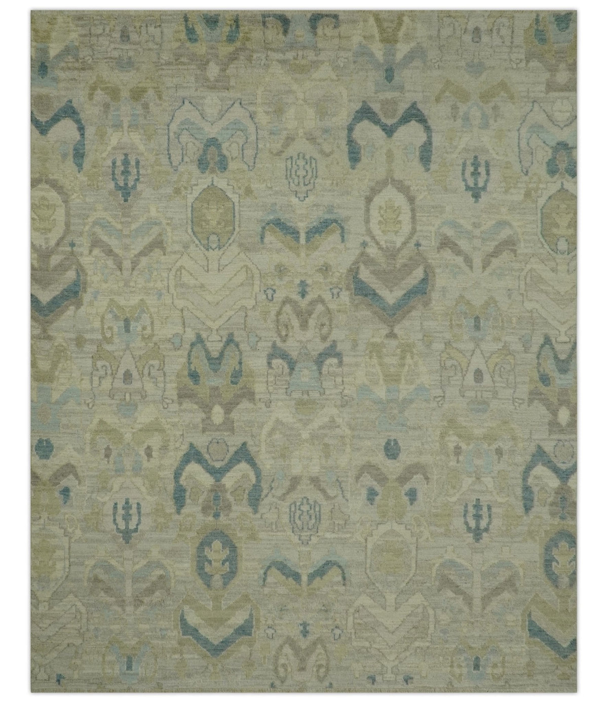 Custom Made Blue And Beige Modern Ikat Design Hand Knotted Wool Area Rug.