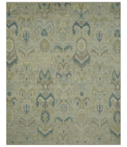 Custom Made Blue And Beige Modern Ikat Design Hand Knotted Wool Area Rug.