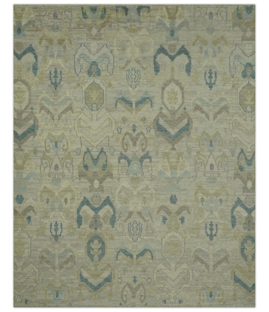 Custom Made Blue And Beige Modern Ikat Design Hand Knotted Wool Area Rug.