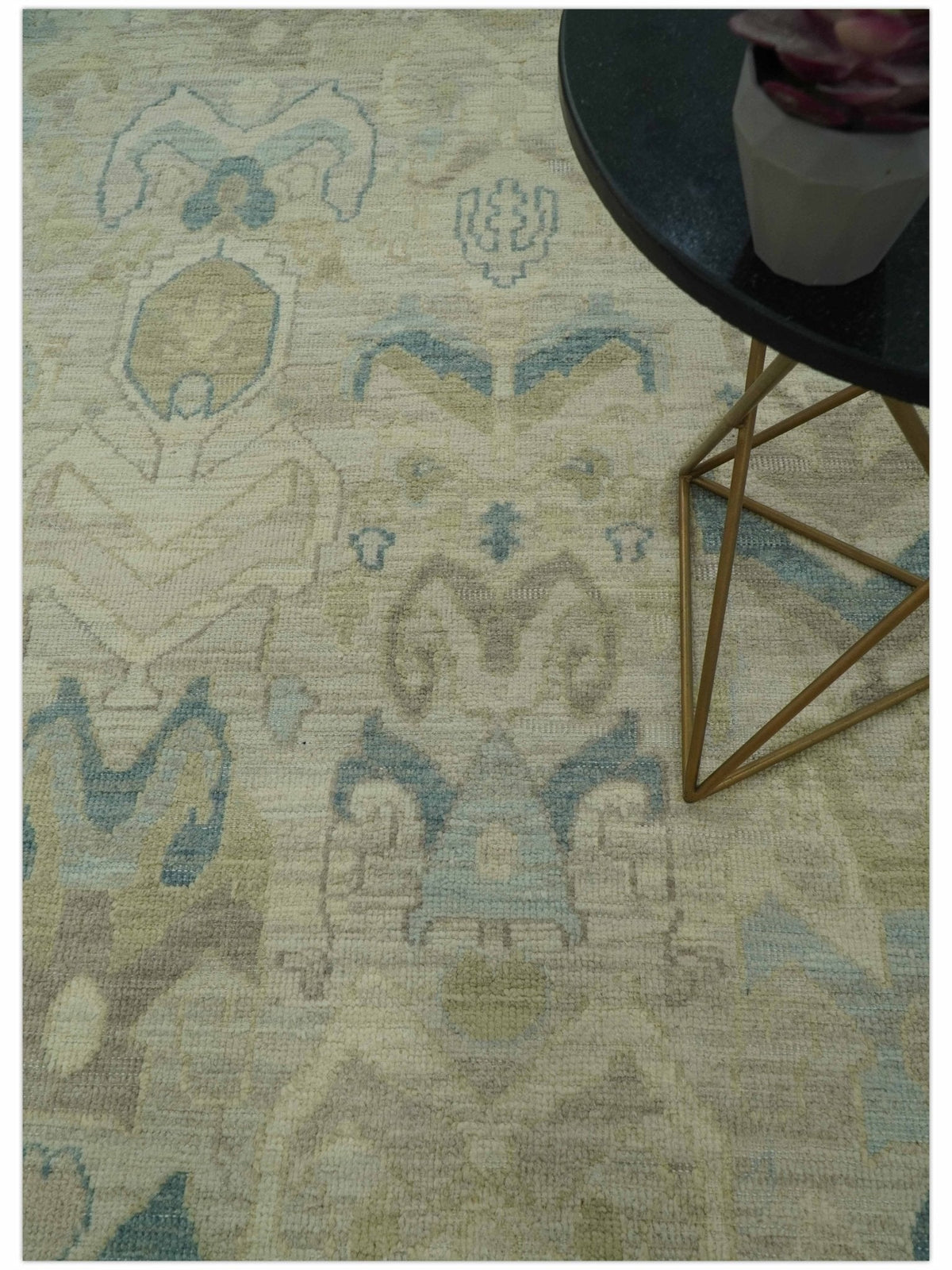 Custom Made Blue And Beige Modern Ikat Design Hand Knotted Wool Area Rug.