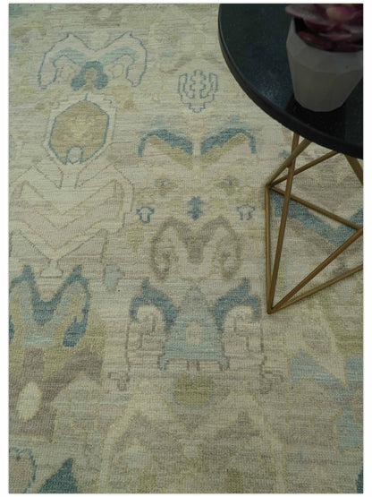 Custom Made Blue And Beige Modern Ikat Design Hand Knotted Wool Area Rug.