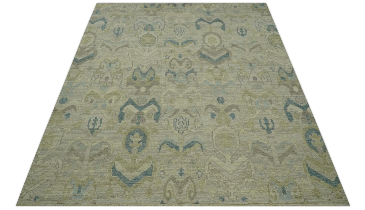 Custom Made Blue And Beige Modern Ikat Design Hand Knotted Wool Area Rug.