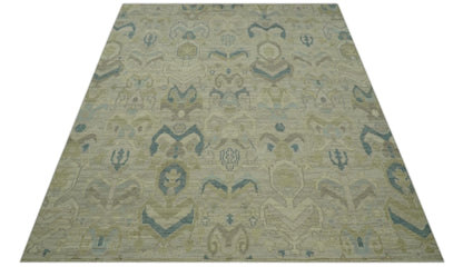 Custom Made Blue And Beige Modern Ikat Design Hand Knotted Wool Area Rug.
