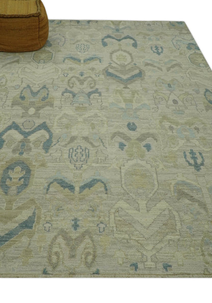 Custom Made Blue And Beige Modern Ikat Design Hand Knotted Wool Area Rug.