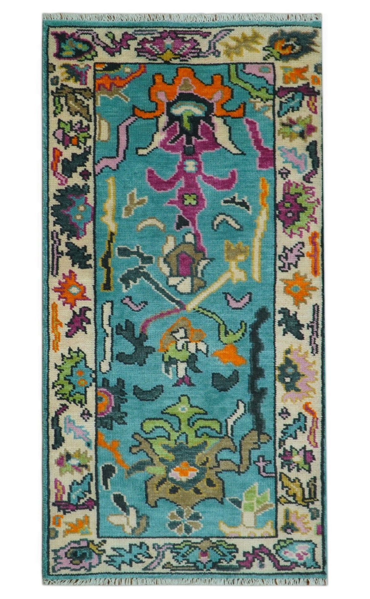 Custom Made Blue And Beige Oushak Hand Knotted Runner Wool Rug.