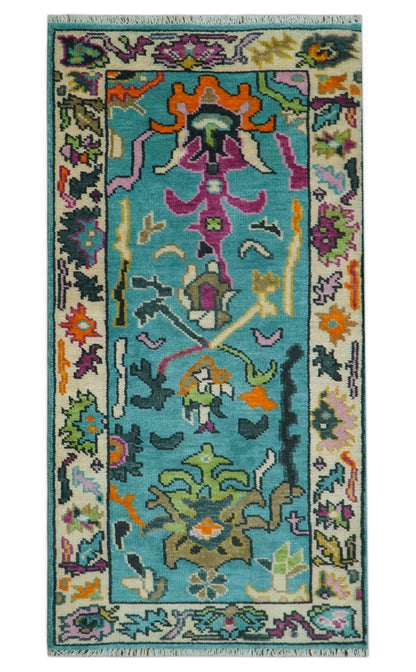 Custom Made Blue And Beige Oushak Hand Knotted Runner Wool Rug.