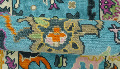 Custom Made Blue And Beige Oushak Hand Knotted Runner Wool Rug.