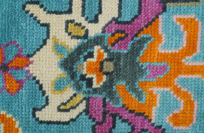 Custom Made Blue And Beige Oushak Hand Knotted Runner Wool Rug.