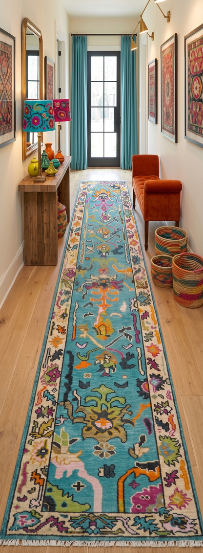 Custom Made Blue And Beige Oushak Hand Knotted Runner Wool Rug.