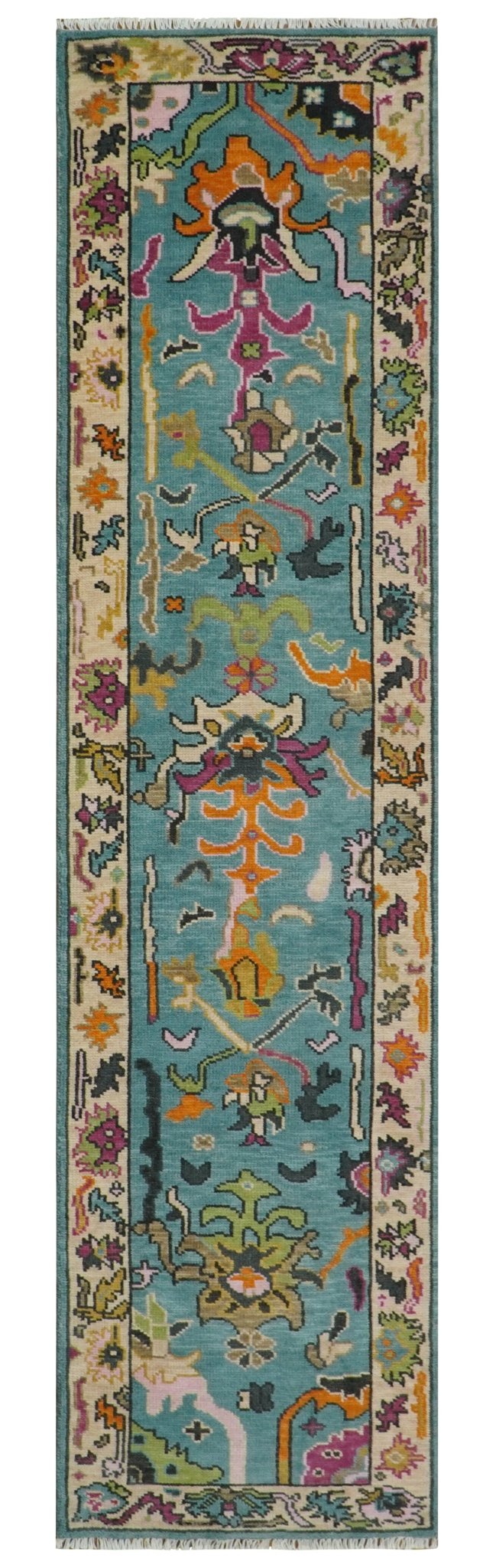 Custom Made Blue And Beige Oushak Hand Knotted Runner Wool Rug.