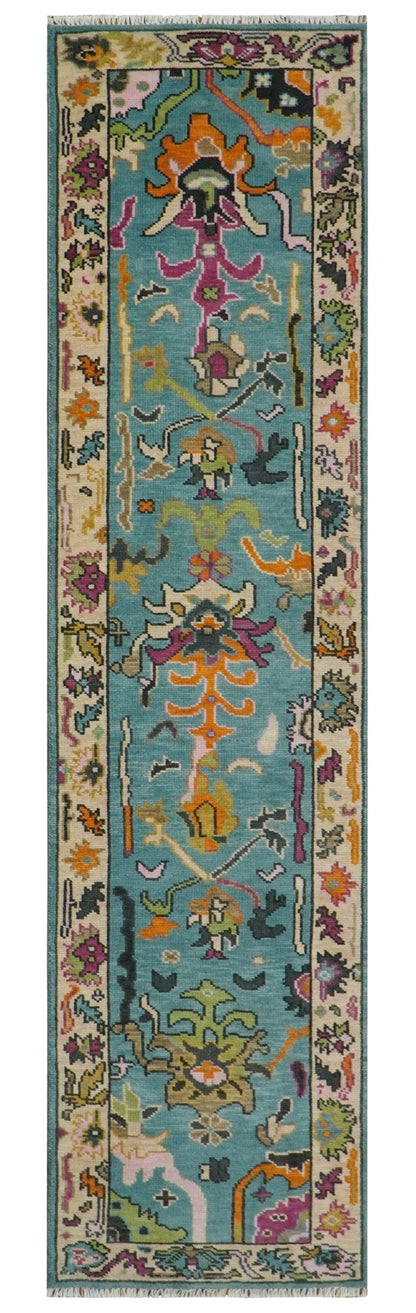 Custom Made Blue And Beige Oushak Hand Knotted Runner Wool Rug.