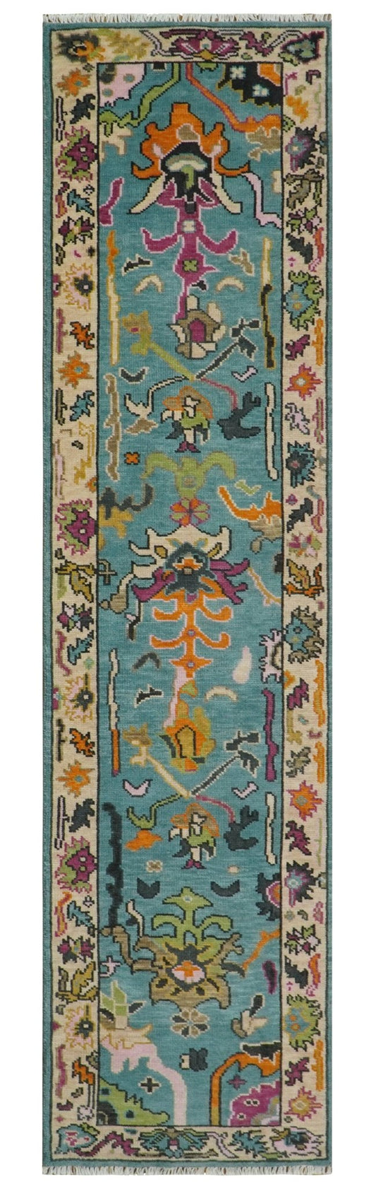 Custom Made Blue And Beige Oushak Hand Knotted Runner Wool Rug.