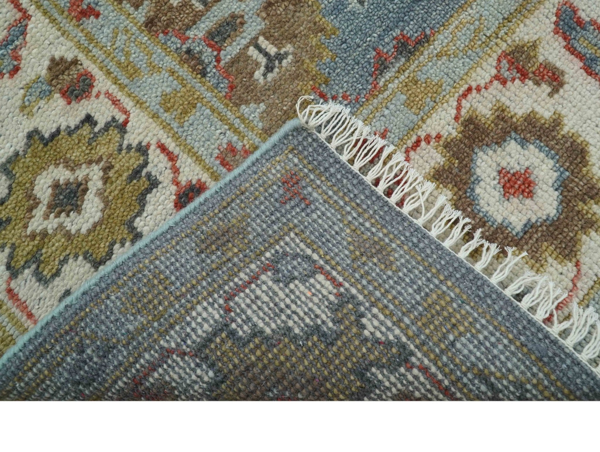 Custom Made Blue And Beige Traditional Hand Knotted Wool Area Rug.