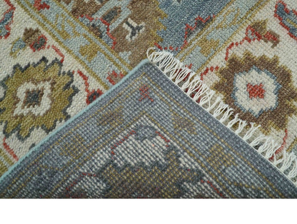 Custom Made Blue And Beige Traditional Hand Knotted Wool Area Rug.