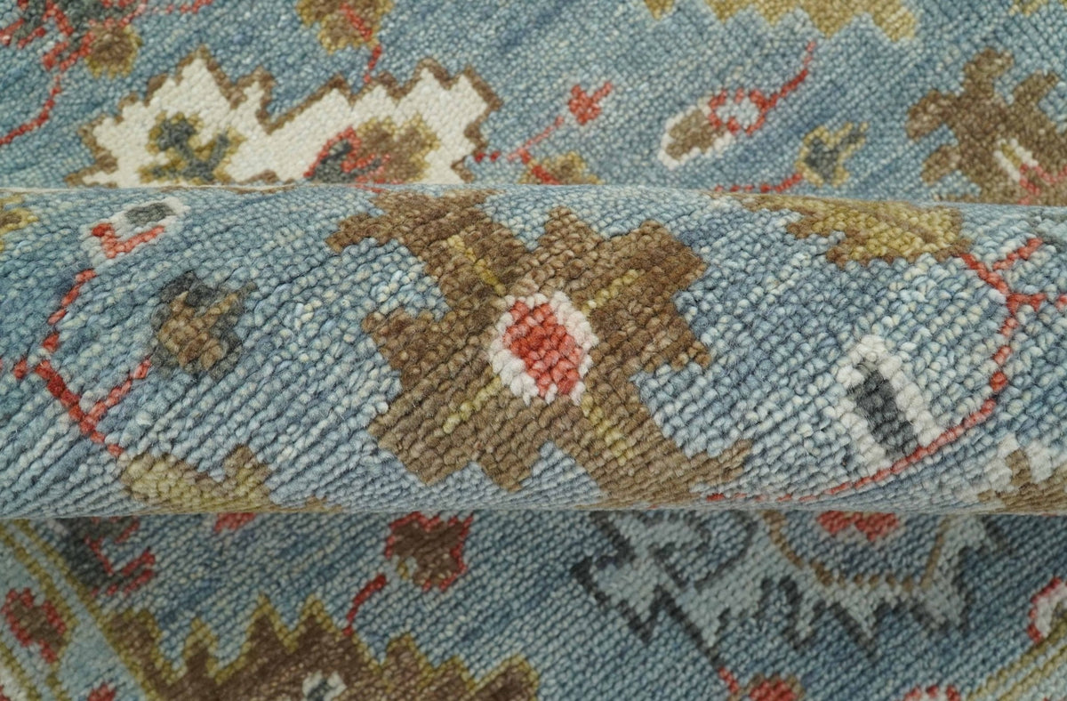 Custom Made Blue And Beige Traditional Hand Knotted Wool Area Rug.