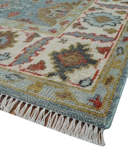 Custom Made Blue And Beige Traditional Hand Knotted Wool Area Rug.