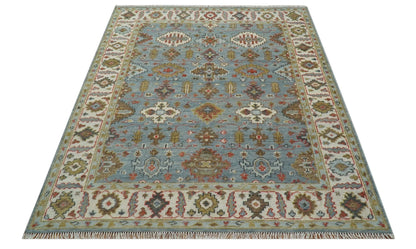 Custom Made Blue And Beige Traditional Hand Knotted Wool Area Rug.