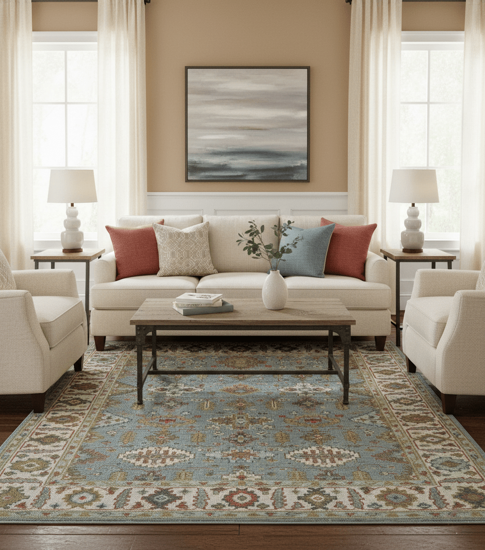 Custom Made Blue And Beige Traditional Hand Knotted Wool Area Rug.