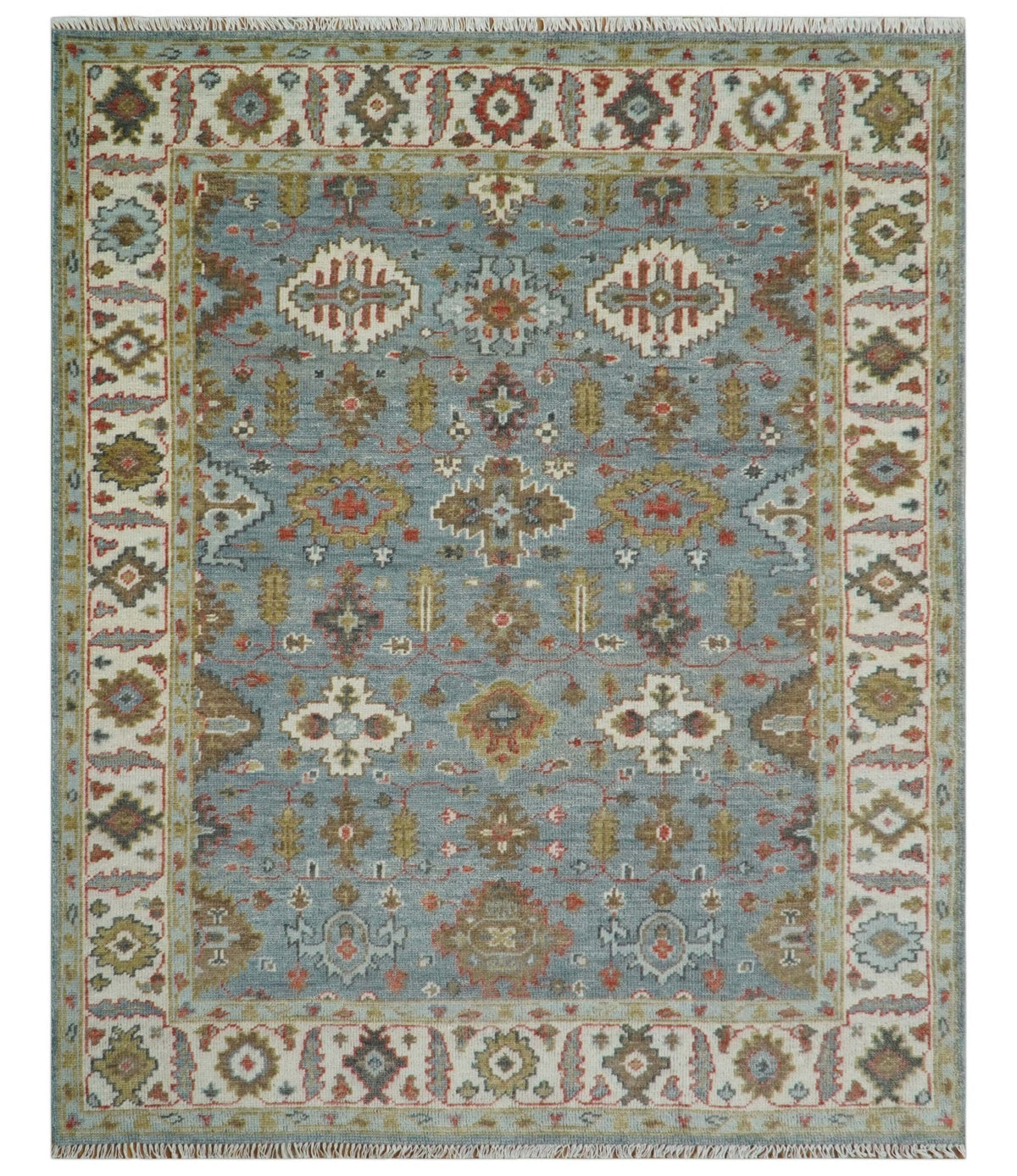Custom Made Blue And Beige Traditional Hand Knotted Wool Area Rug.