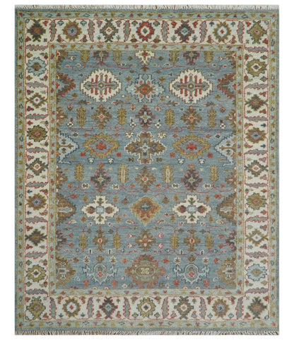 Custom Made Blue And Beige Traditional Hand Knotted Wool Area Rug.