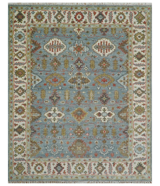 Custom Made Blue And Beige Traditional Hand Knotted Wool Area Rug.