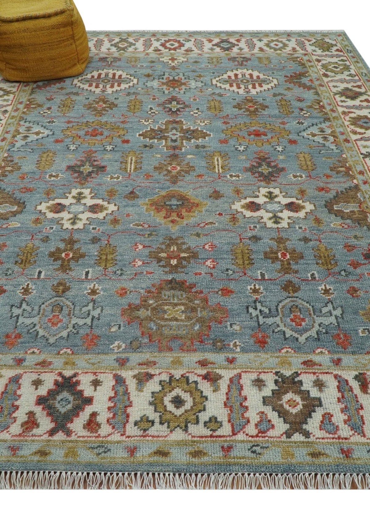 Custom Made Blue And Beige Traditional Hand Knotted Wool Area Rug.