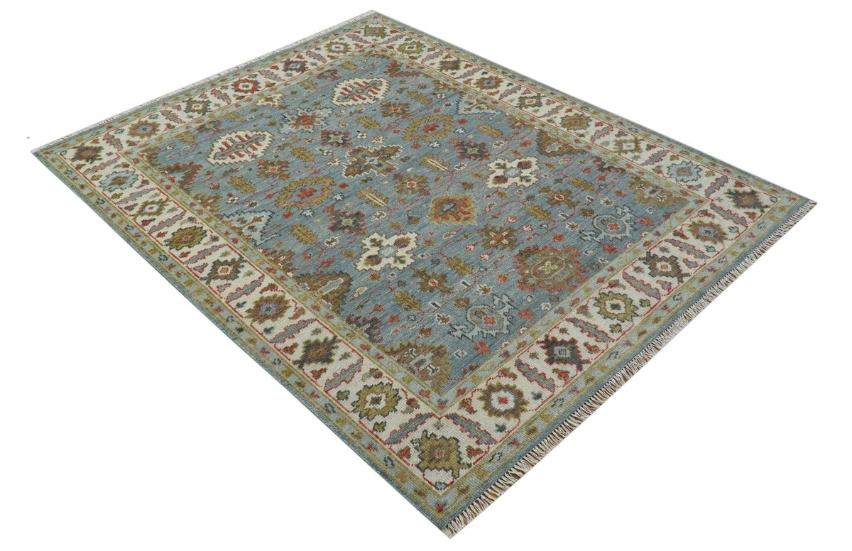 Custom Made Blue And Beige Traditional Hand Knotted Wool Area Rug.