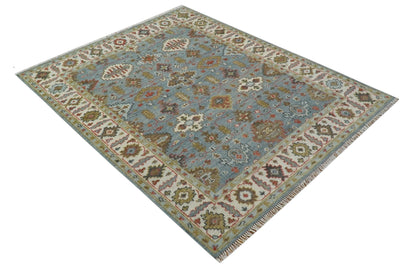 Custom Made Blue And Beige Traditional Hand Knotted Wool Area Rug.