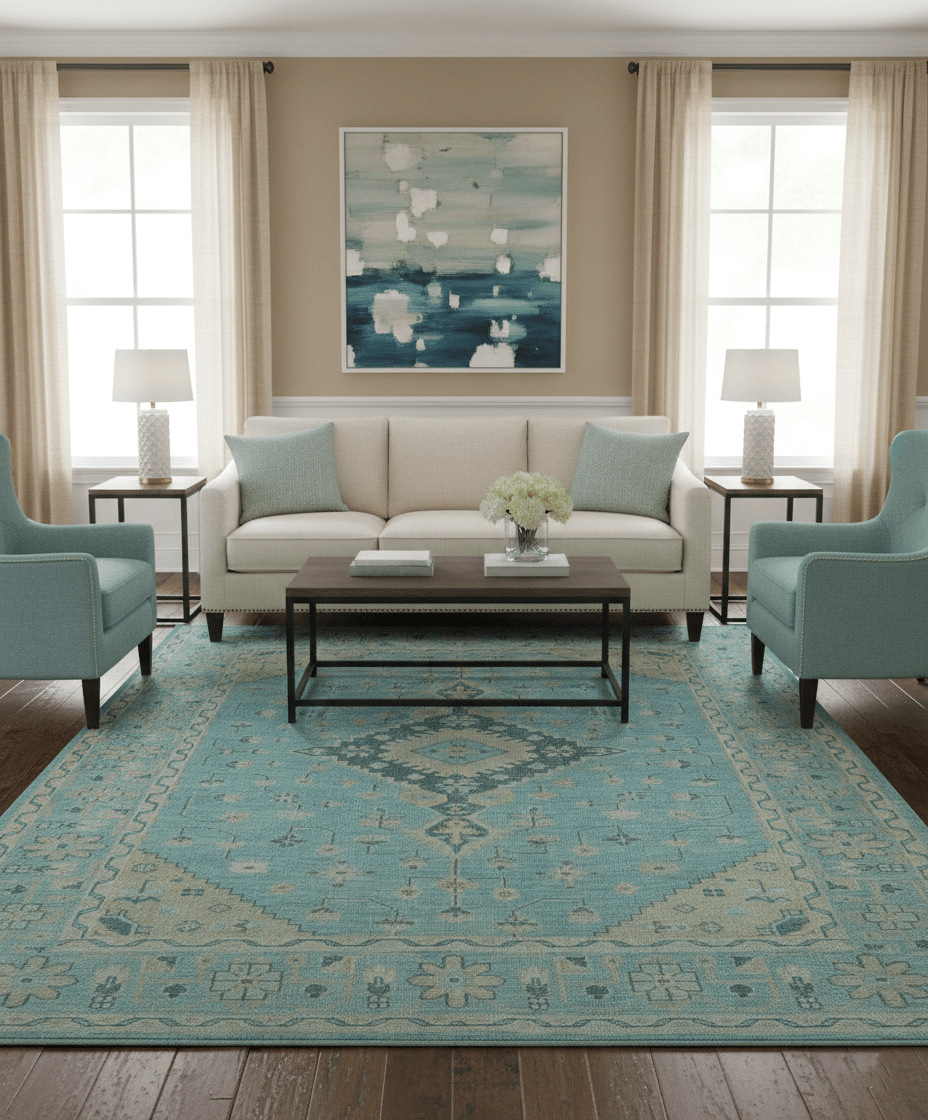 Custom Made Blue And Beige Turkish Design Hand knotted Wool Area Rug.