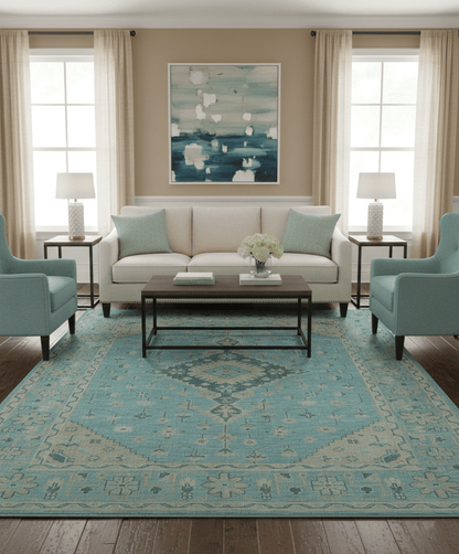 Custom Made Blue And Beige Turkish Design Hand knotted Wool Area Rug.