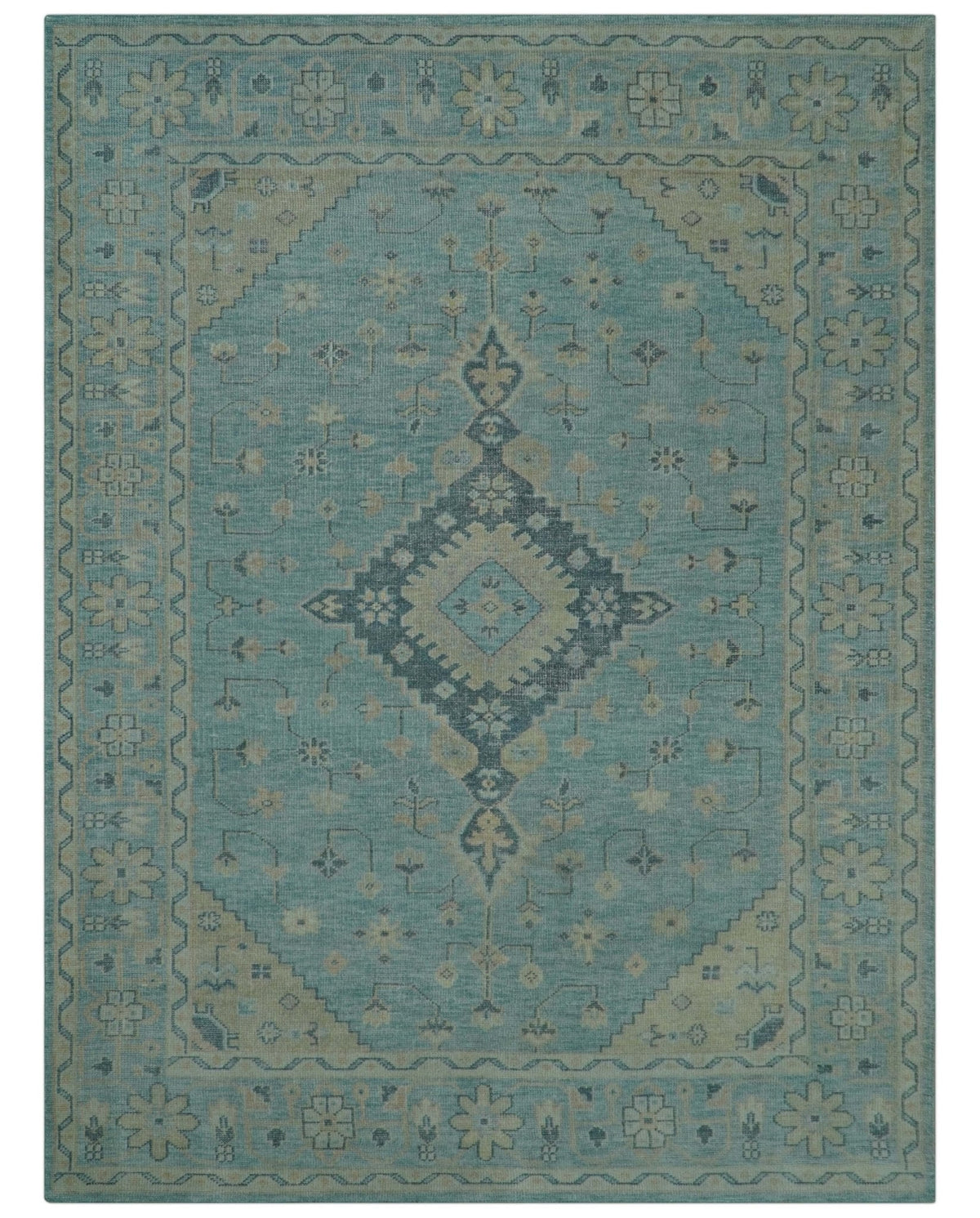 Custom Made Blue And Beige Turkish Design Hand knotted Wool Area Rug.