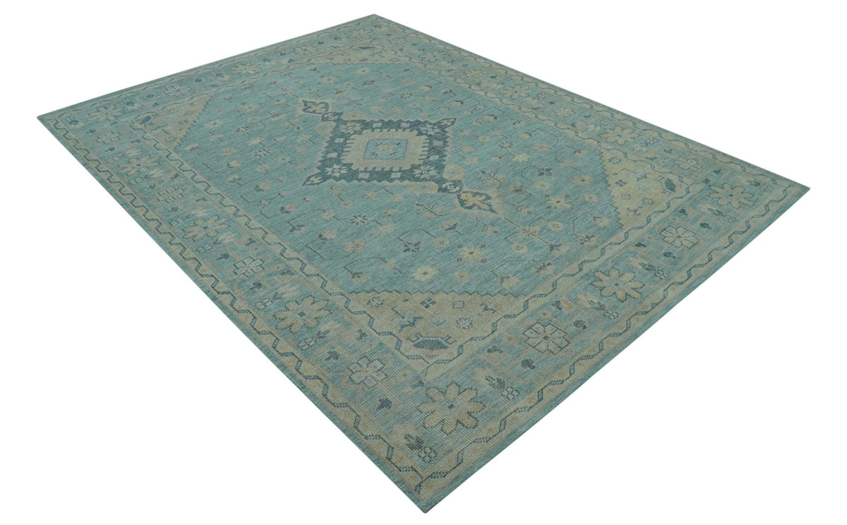 Custom Made Blue And Beige Turkish Design Hand knotted Wool Area Rug.