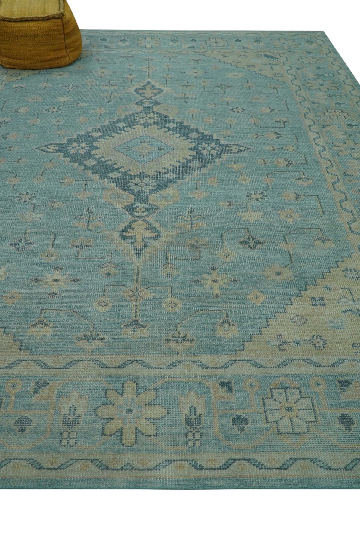 Custom Made Blue And Beige Turkish Design Hand knotted Wool Area Rug.