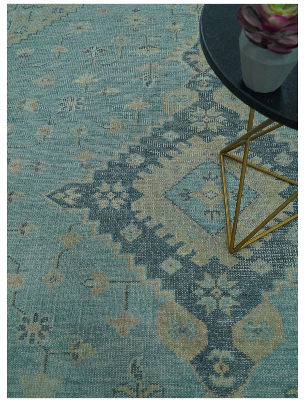 Custom Made Blue And Beige Turkish Design Hand knotted Wool Area Rug.
