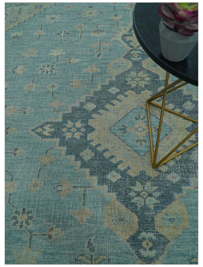 Custom Made Blue And Beige Turkish Design Hand knotted Wool Area Rug.