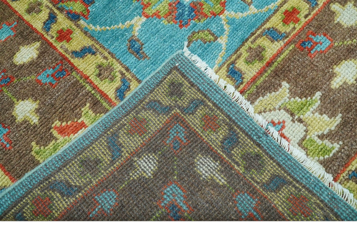 Custom Made Blue And Brown Traditional Floral Hand Knotted Wool Rug.